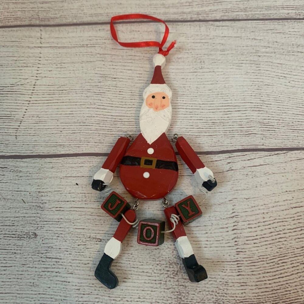 Wood Santa Claus Christmas Ornament Holding JOY Blocks with Hinged Limbs 7" Tall